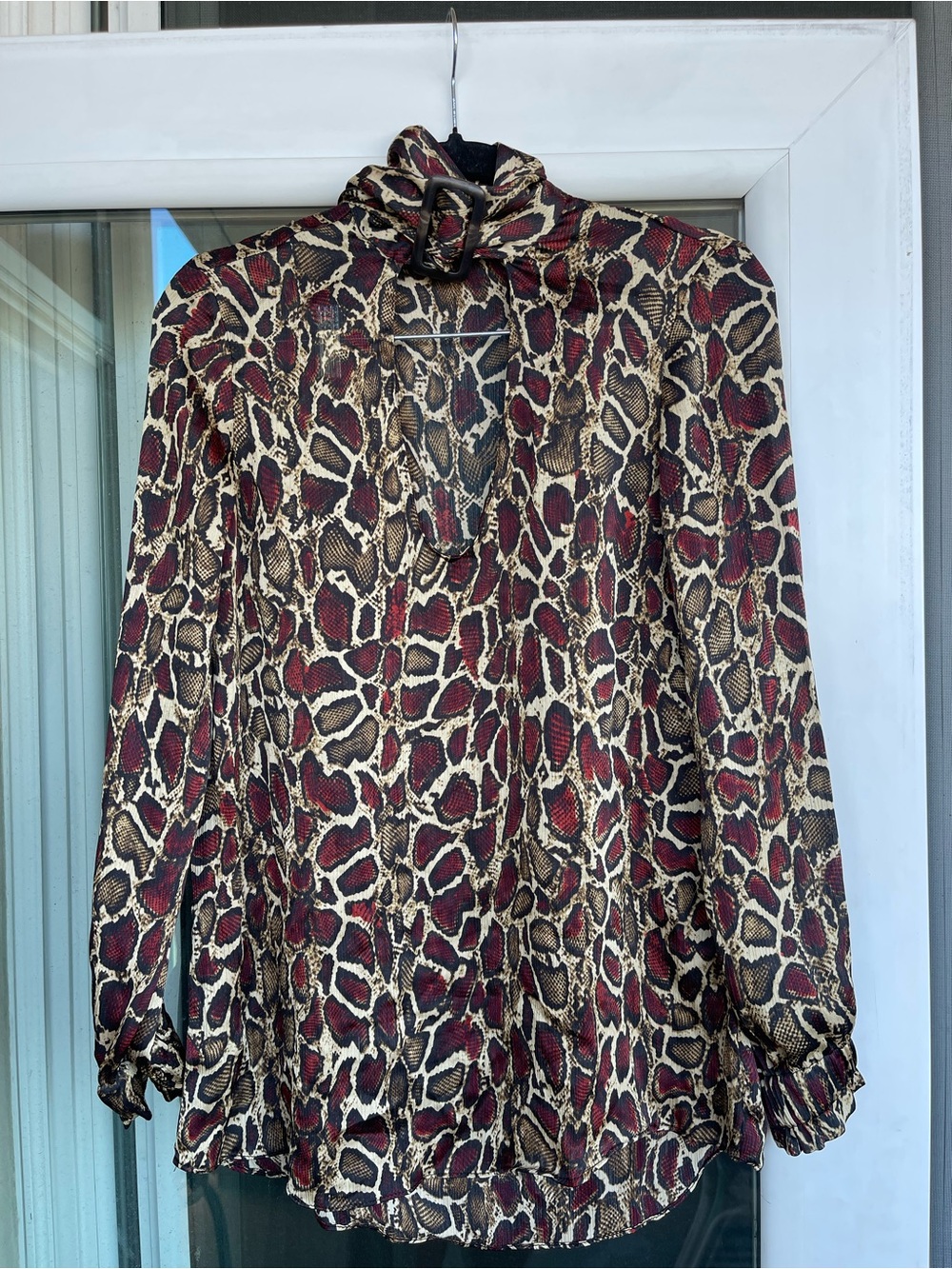 Zara Red Brown Animal Print Tie-Neck Blouse